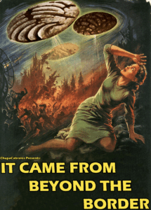 B- Movie Poster Art showing a woman looking up at the sky with items hovering above her.